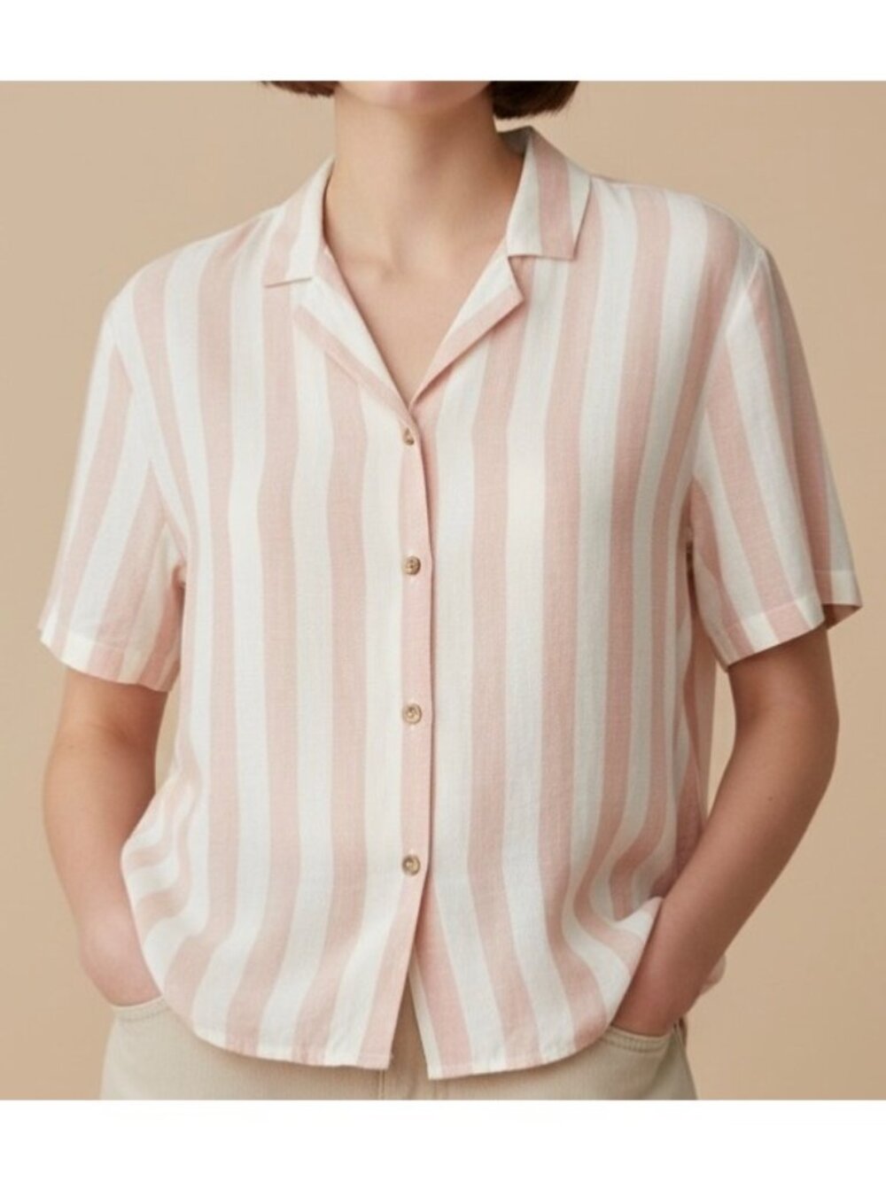 SINCERELY JULES Pink + White Striped Short Sleeve Collared Button-Up Top Medium